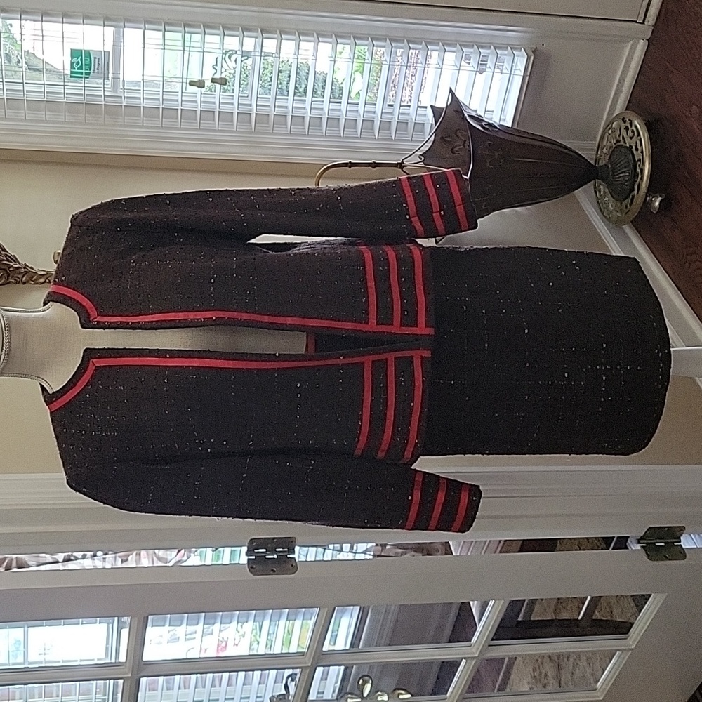 Tara Ryan brown black red textured skirt set red grosgrain ribbon trim 10 EUC